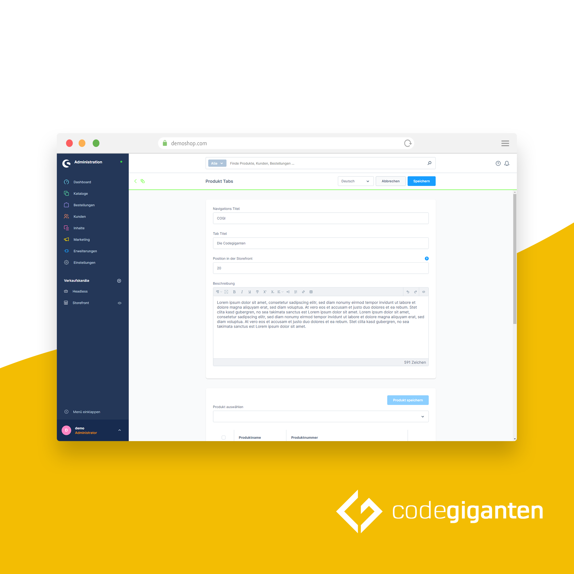 Anpassbare Produkt Tabs mit Erlebniswelten CMS Tabs, Produktpflege
