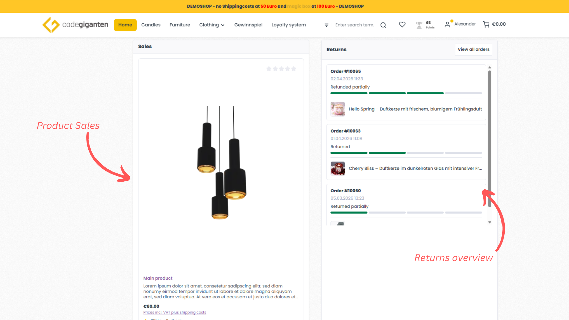 Dashboard / Kunden-Übersicht für Bestellungen, Retouren, ... (Portal)