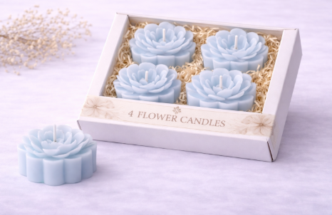 4er Set Blumenkerzen - Blütenform (Weiß, Rosa, Hellblau)