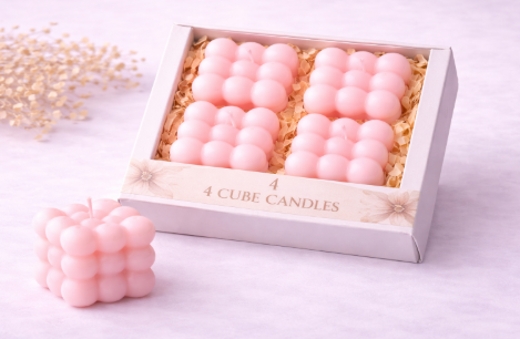 4-piece Cube Candle Set – Decorative Cube-Shaped Candles (White, Pink, Light Blue)